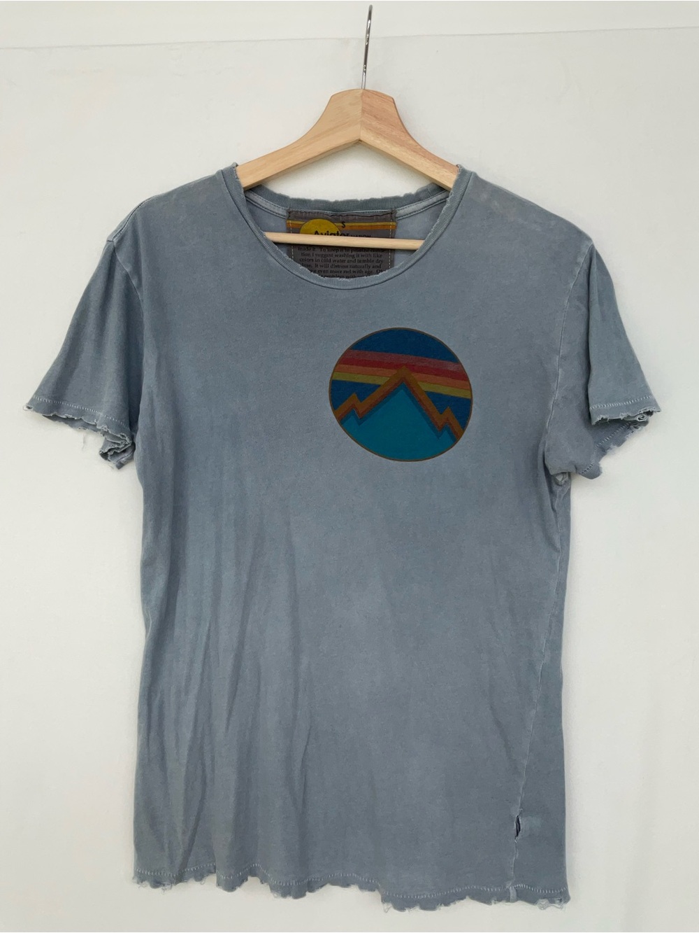 Aviator Nation Washed Blue Tee with Multicolor Retro Mountain Graphic